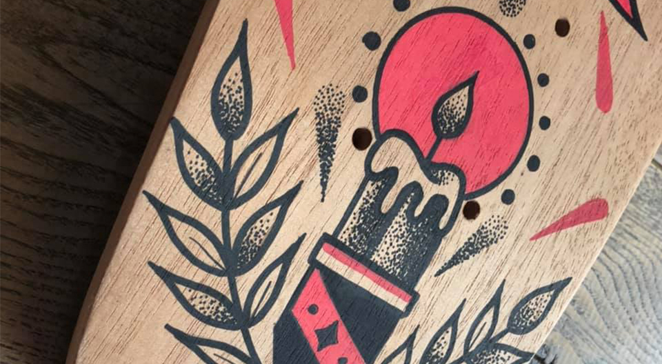 Custom skateboard by Grom Tattooer