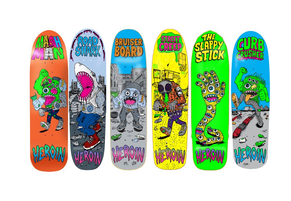 Character design Heroin Skateboards for shaped team model boards, 2012