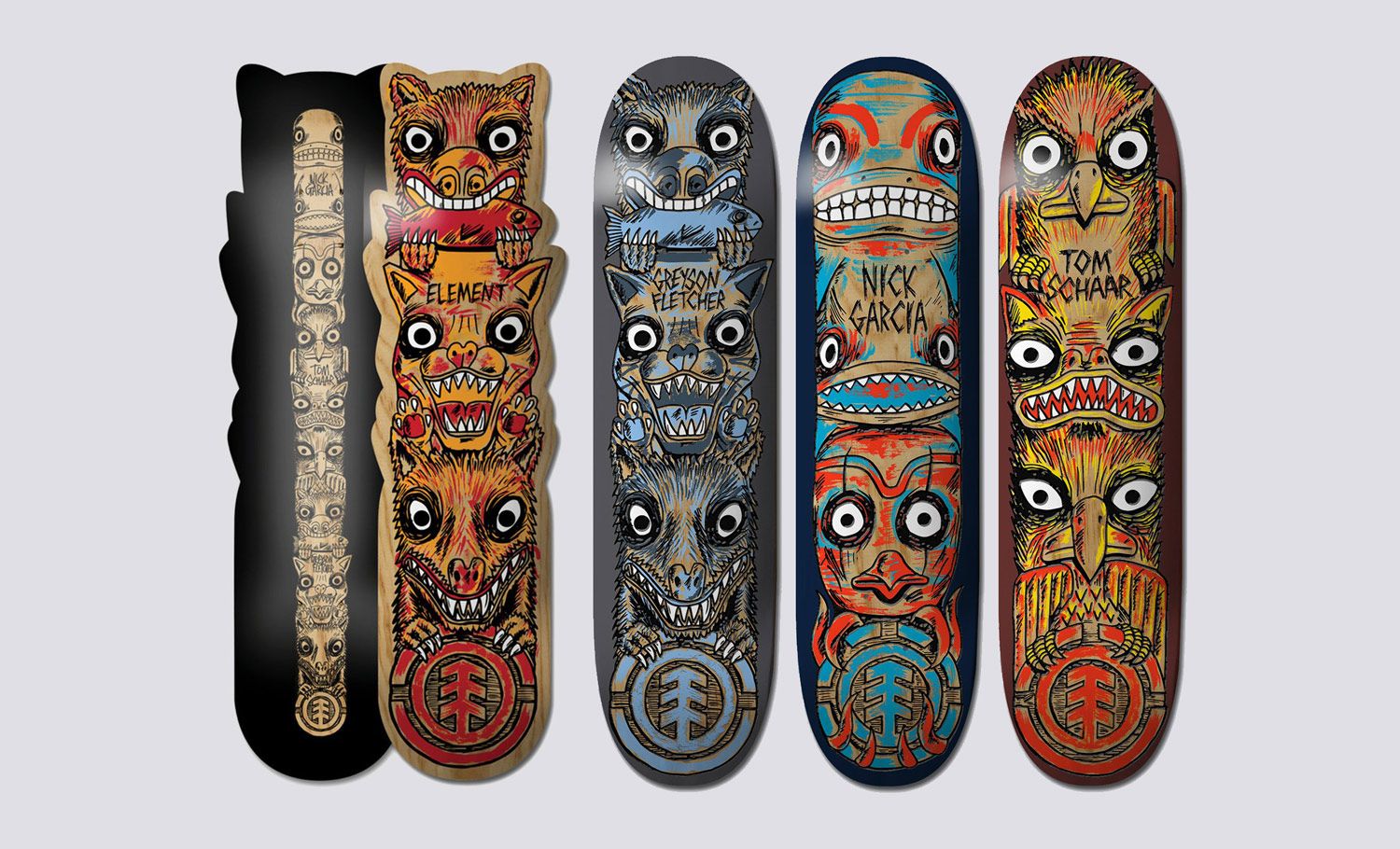 Drafts, final sketch and printed Totem series made by Fos for Element Skateboards, 2019