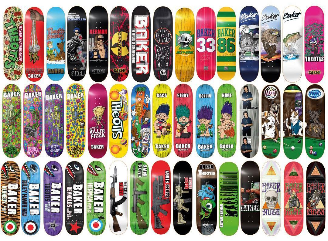 A bunch of decks made by Mark "Fos" Foster when he was Art Director of Baker