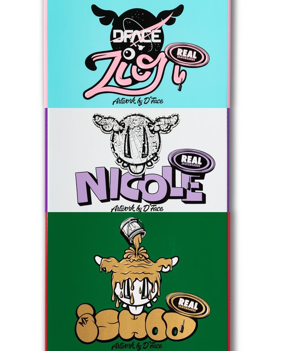 Dos des skateboards par D*Face X Real Skateboards 2025